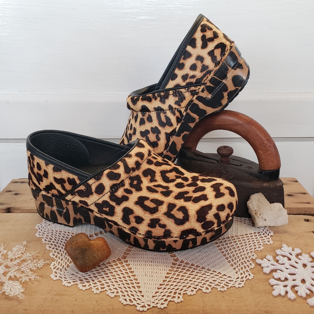 Meow Dansko Pro Clogs Leopard Haircalf Suede Fur Cheetah Animal Mobwife 37 39 - Picture 5 of 11